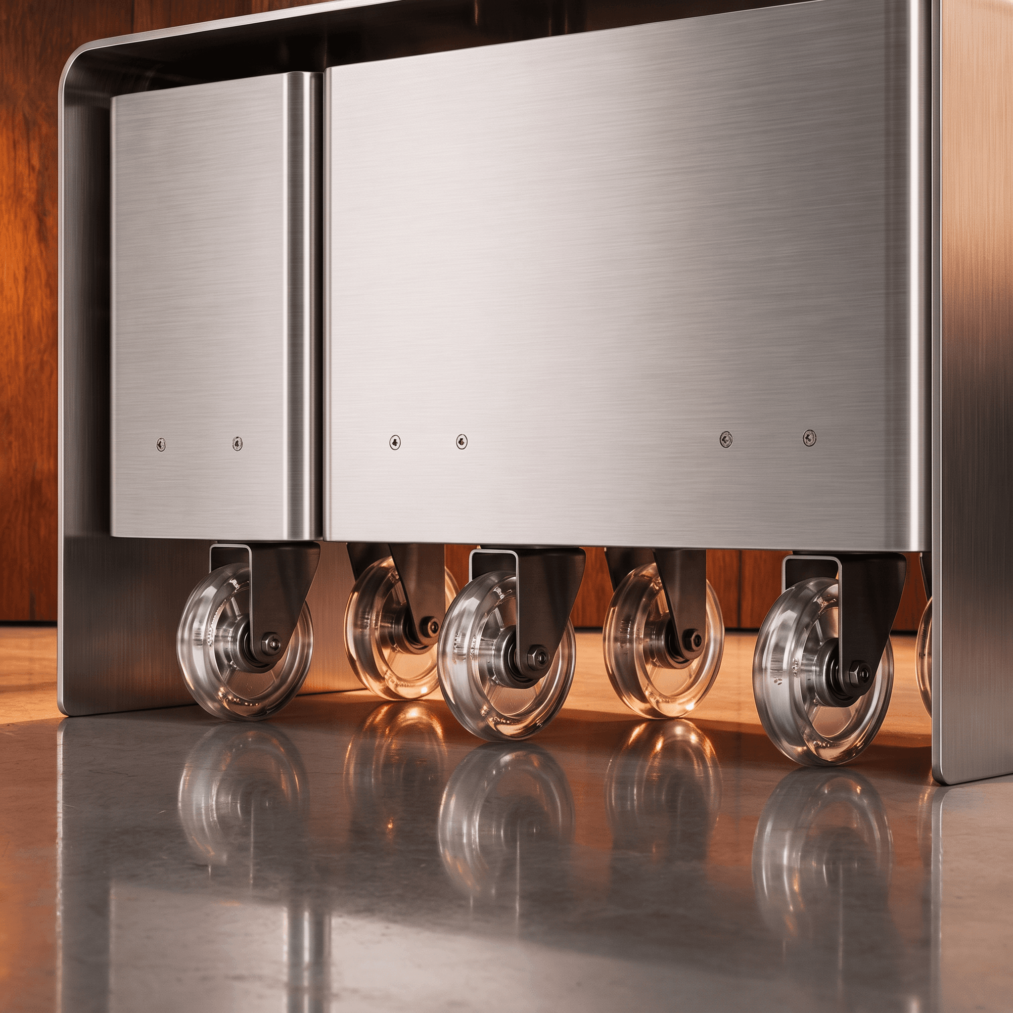 Close view of the clear casters under both bays, each on a metal bracket